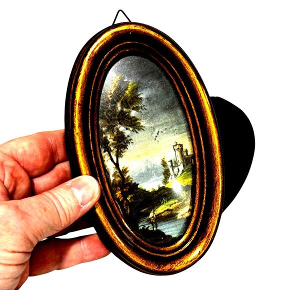 Miniature Italian Florentine style gold framed art prints TWO small oval hangers - Picture 5 of 8
